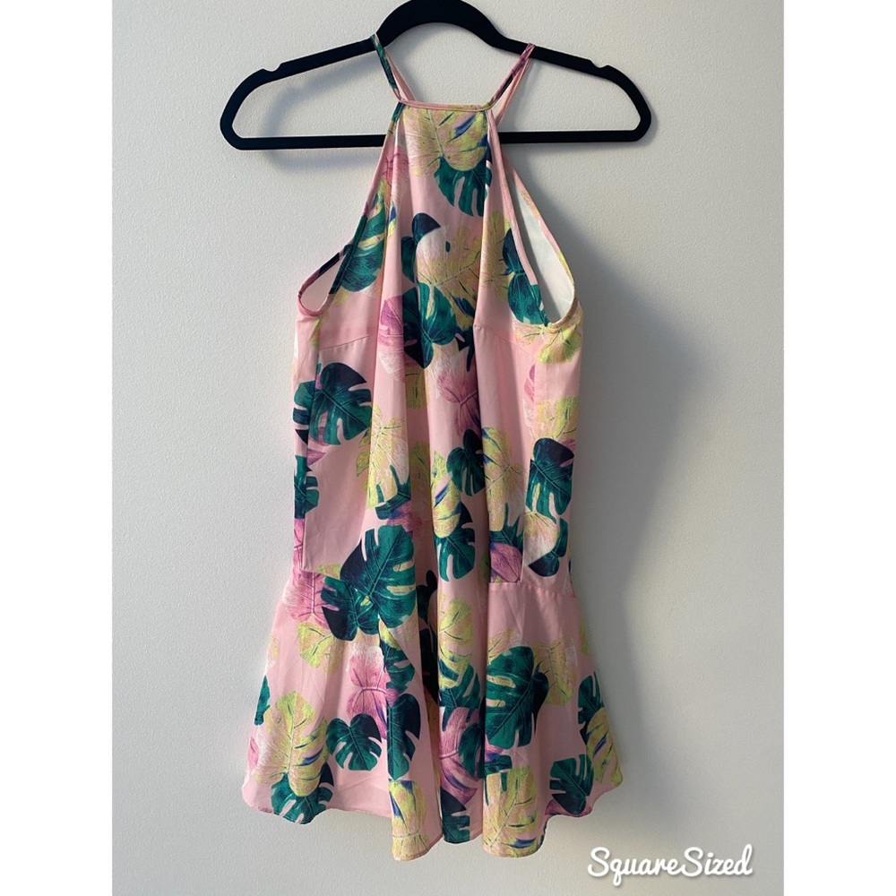 Pink and green tropical print dress